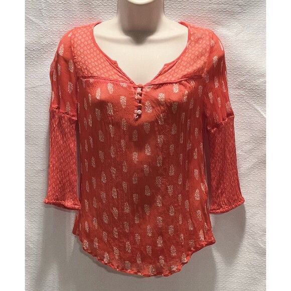 Lucky Brand Tops - Lucky Brand Floral Sheer Womens XS Orange Red Coral Fairy Boho Peasant Cottage